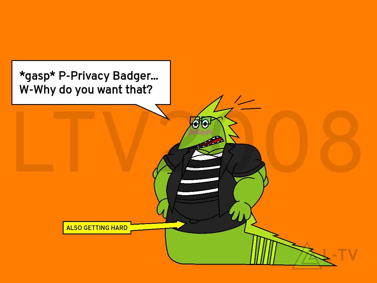 Lui-Tak, a Toki, gasps and replies " P-Privacy Badger... W-Why do you want to do that? " standing there with an erection in his pants.