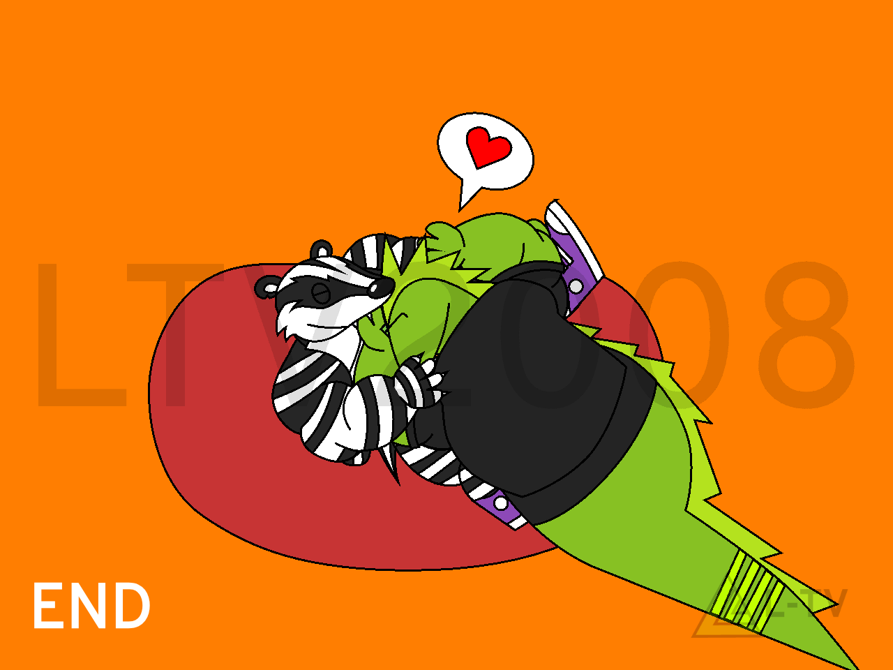 Privacy Badger and Lui-Tak cuddle on the bean bag. Lui-Tak has a feeling of love, represented by a heart in a bubble above him.
