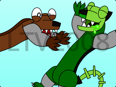 A brown dog jumping in front of a green dog