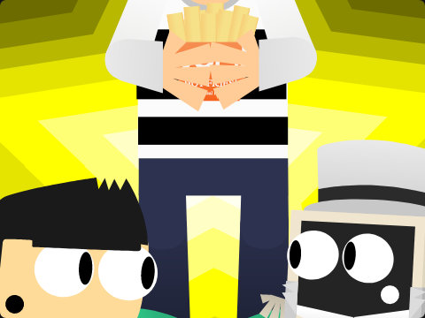 A guy holding fries with 2 other guys looking in awe with a star background